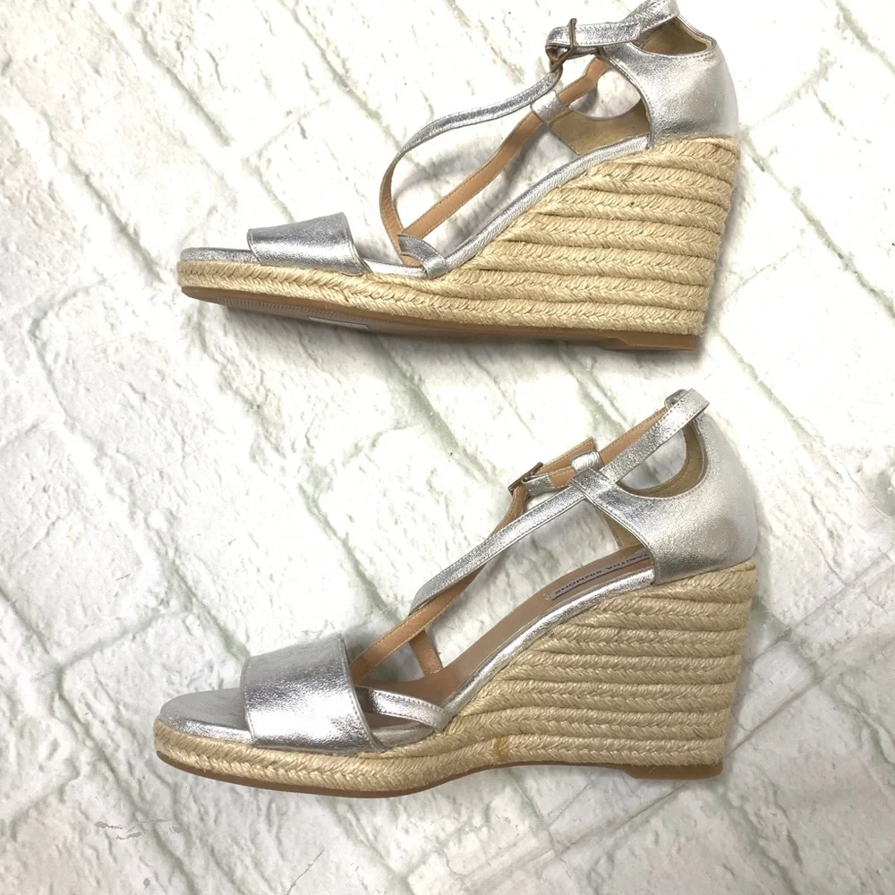 Tabitha Simmons Silver Espadrille Wedge Sandals